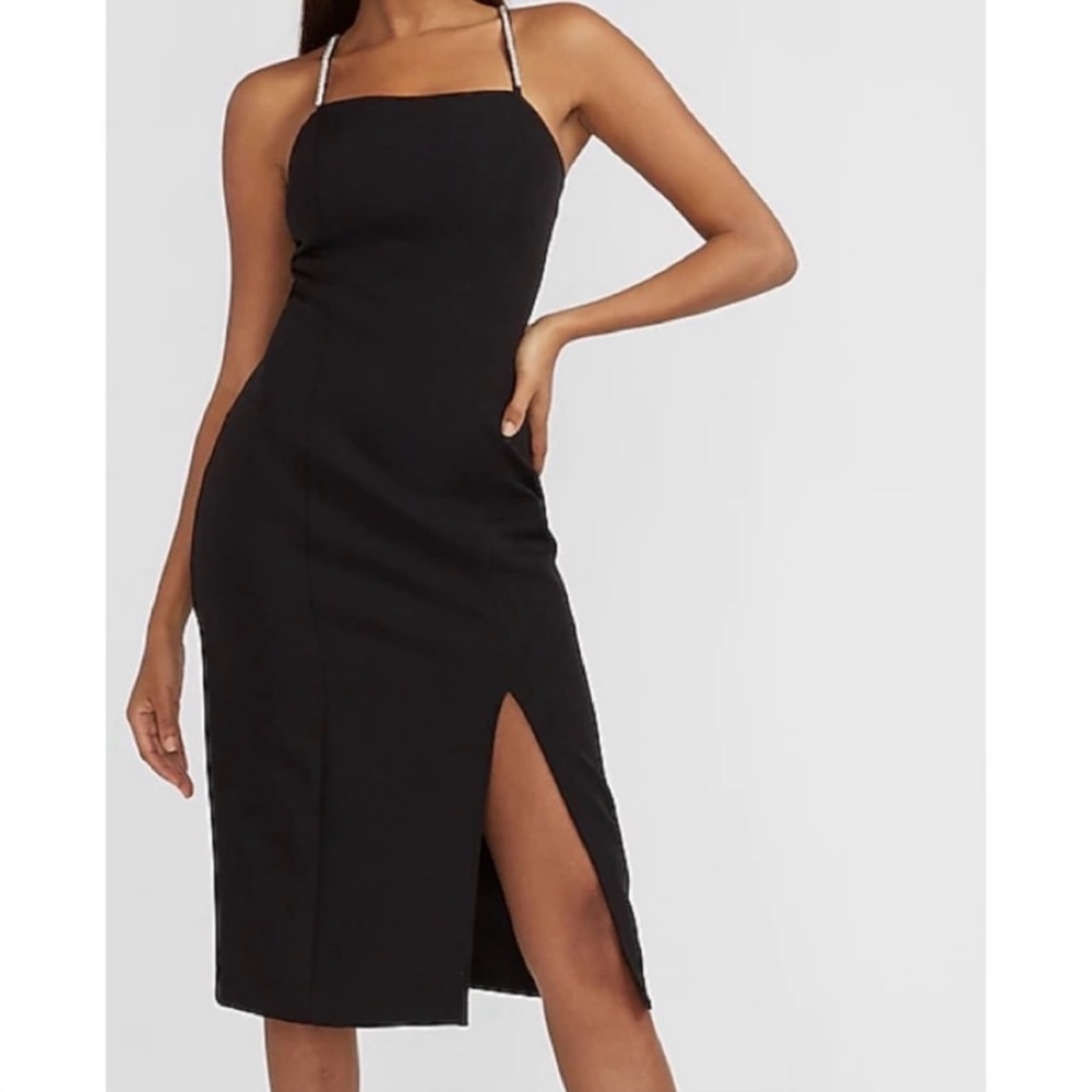 Black Midi Dress with Pearl Straps and Slit